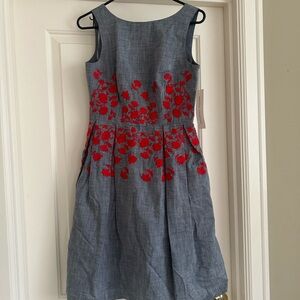 NWT Maggy London Chambray Dress with Red Floral Embroidery